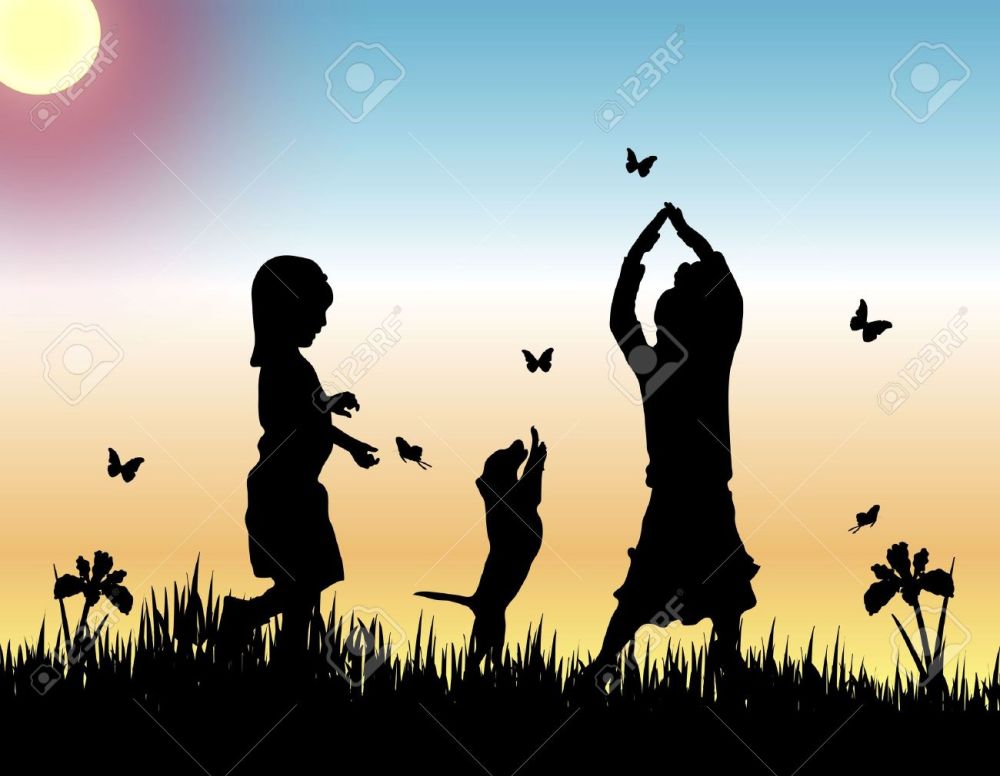 2403104-siluetas-de-dos-niños-y-un-perro-la-captura-de-mariposas-al-atardecer-